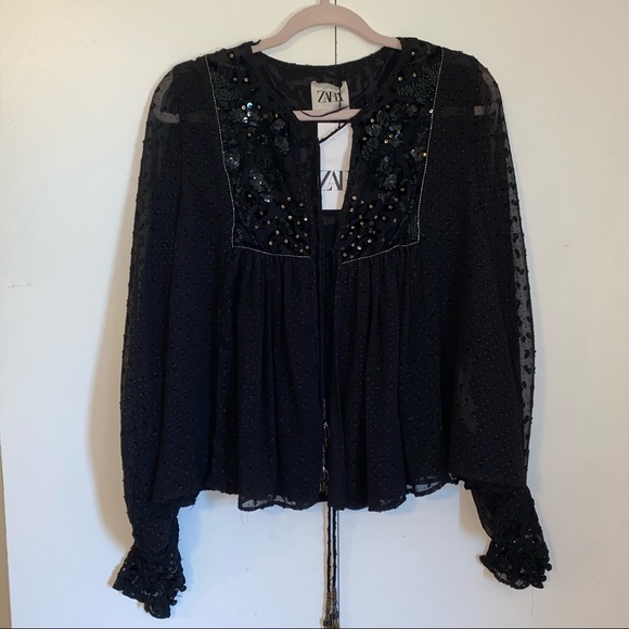 🎈SOLD🎈ZARA Black Jacket / Sweater / Top Velvet Sparkle Beading Sequins - Picture 3 of 8